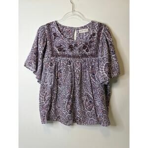 Lucky Brand Paisley Print Floral Embroidered Flutter Sleeve Blouse Shirt Large